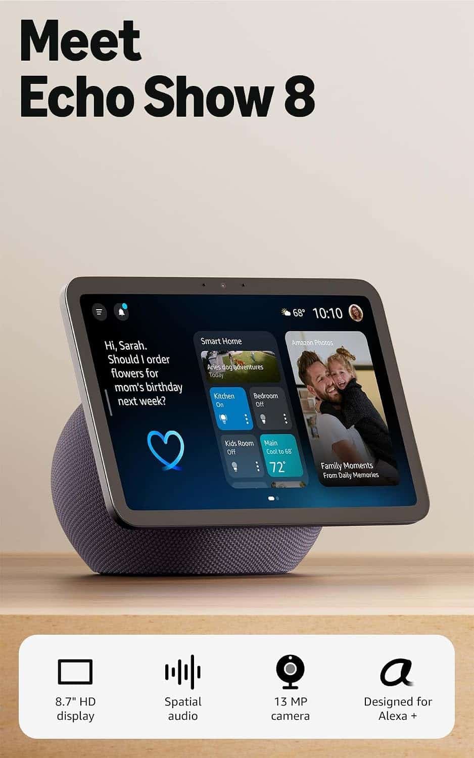 Amazon Echo Show 8 (newest model), Vibrant HD 8.7″ display with spatial audio, Designed for Alexa+, Graphite